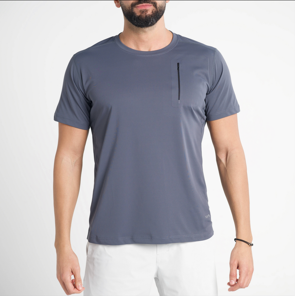 Man wearing a gray t-shirt on a white background