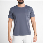 Man wearing a gray t-shirt on a white background